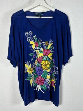 Bali Collection Womens Blue Floral Embellished Sequin Art To Wear Blouse Top OS
